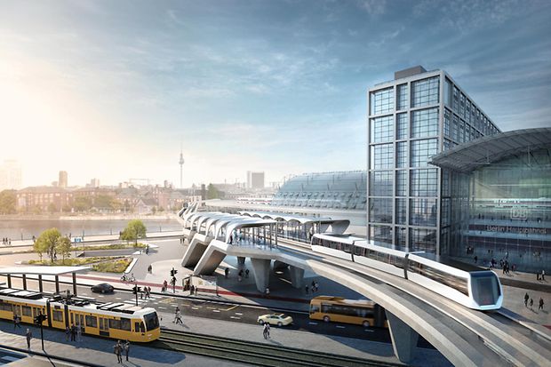 Visualisierung des Berliner Hauptbahnhofs mit Magnetschwebebahn